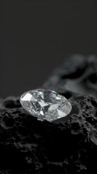A close-up of a brilliant diamond resting on rough black volcanic rock, highlighting contrast and elegance.