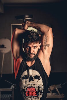 Bearded man with tattoos exercising by lifting a dumbbell overhead in a gym setting.