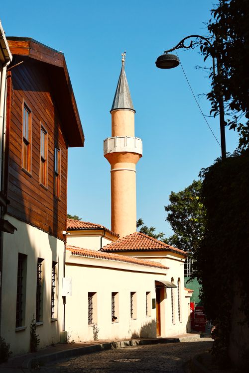 Free Charming alley with mosque minaret under a clear blue sky, offering a serene scenic view. Stock Photo
