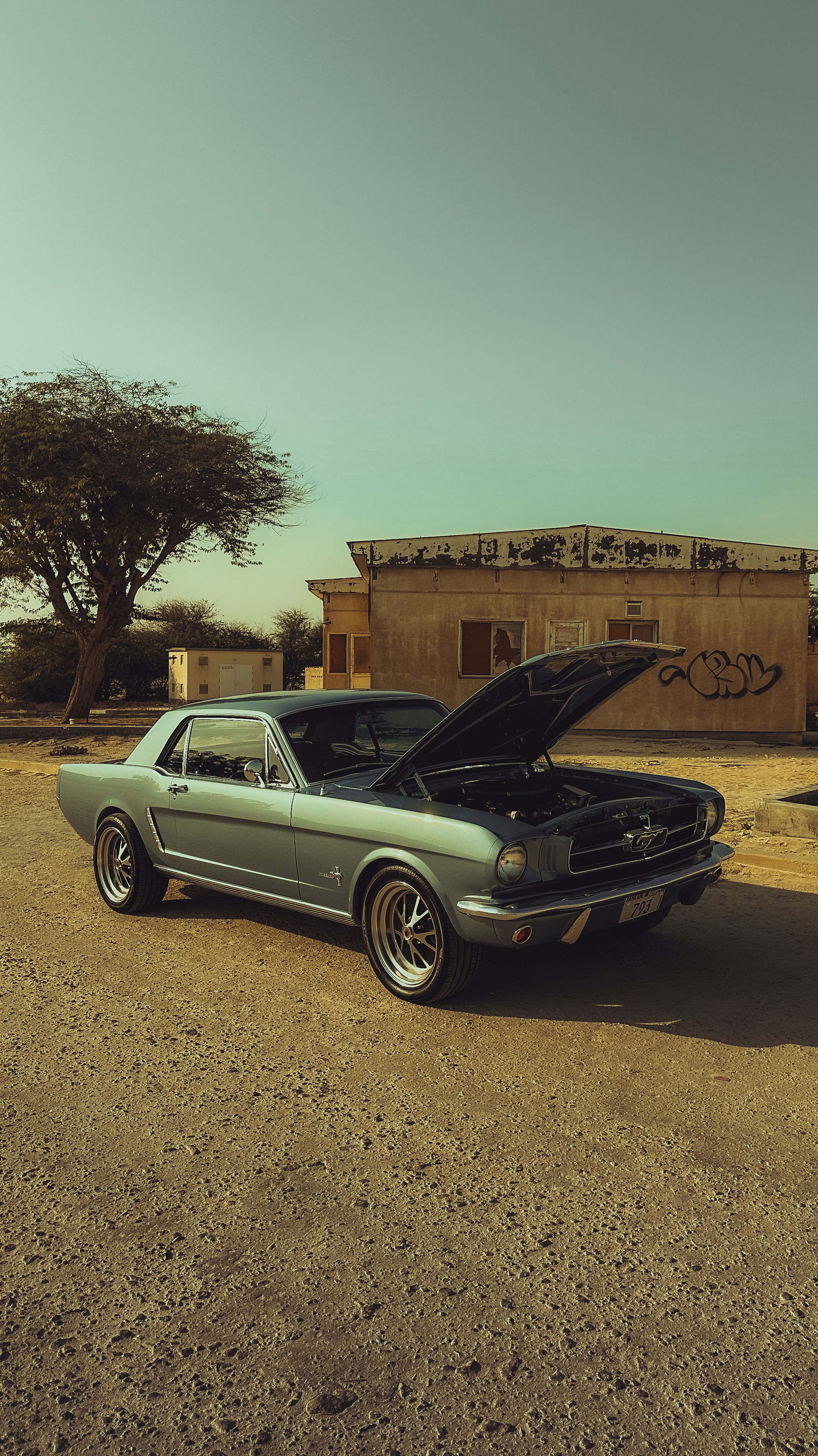 Classic Ford Mustang parked with hood open in a sunny desert landscape.
