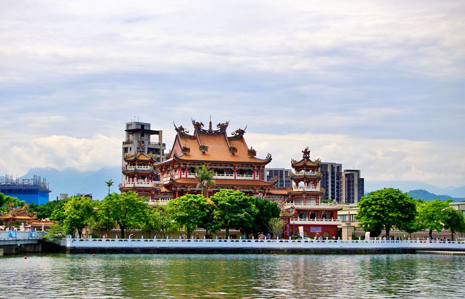 Tranquil view of Sun Moon Lake in Taiwan with mountains and a pagoda