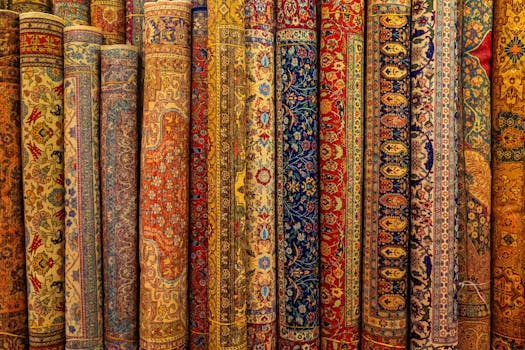 A vibrant collection of traditional Persian rugs with intricate designs and rich colors.