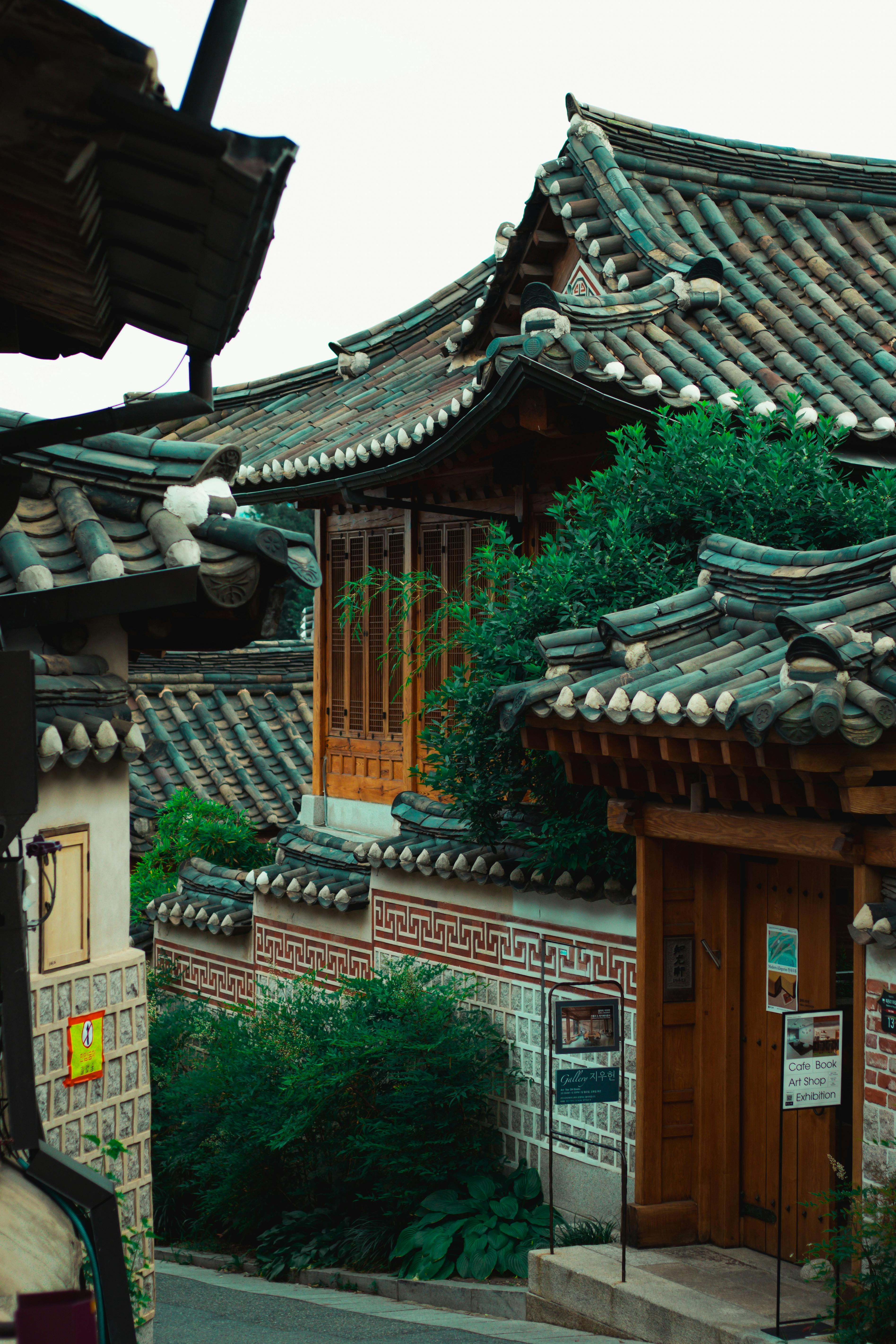 Charming view of traditional Korean Hanok houses in Bukchon Hanok Village in Seoul, South Korea.