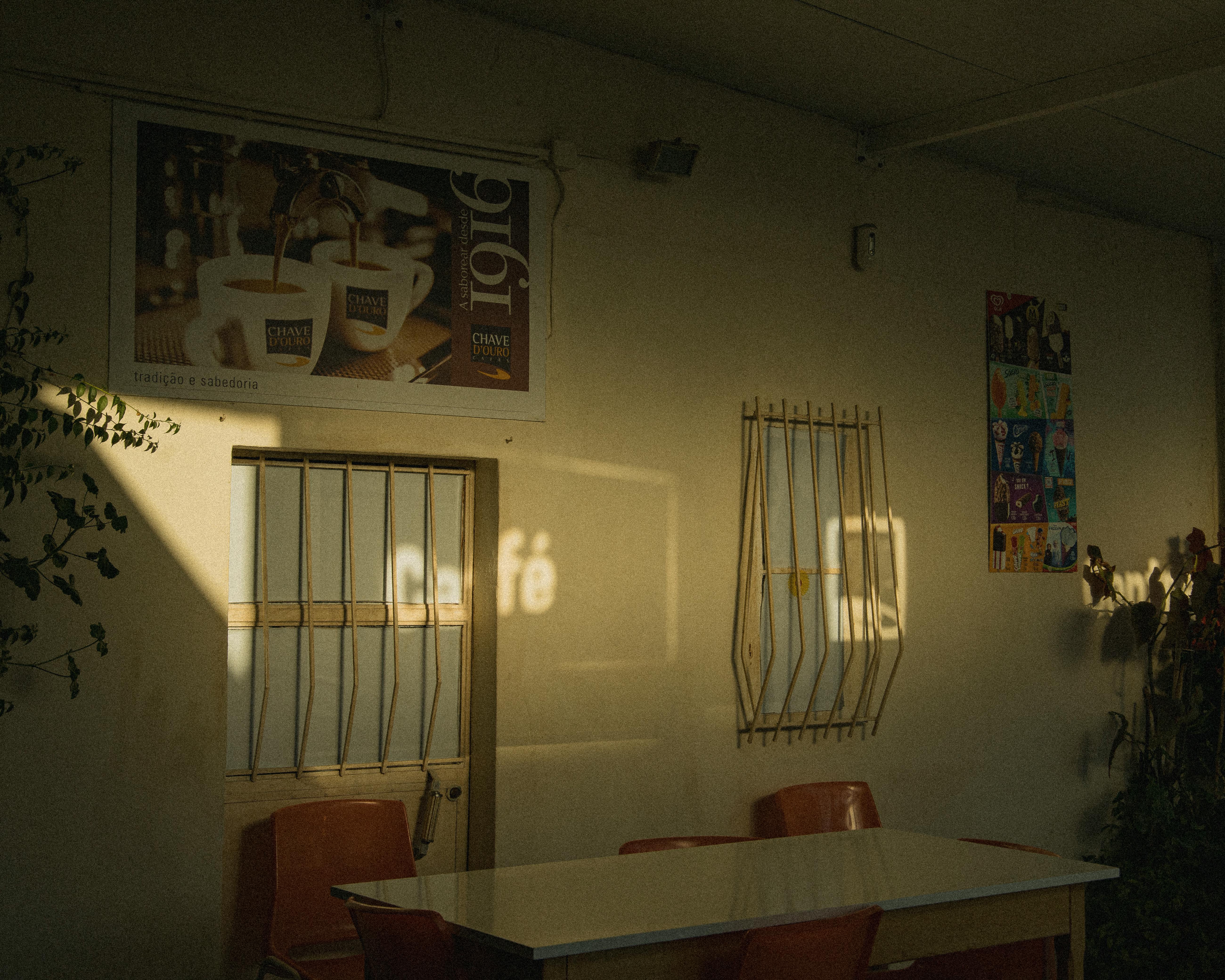 Kostenlos Sonnenlicht wirft einen Café-Schatten auf eine gemütliche Innenwand in warmen Tönen. Stock-Foto