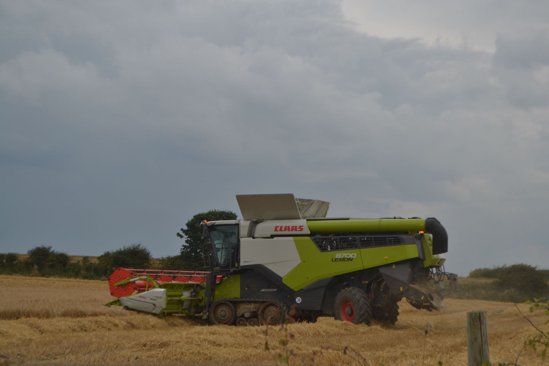 A combine harvester processes wheat in a rural field under a cloudy sky, showcasing agricultural machinery.