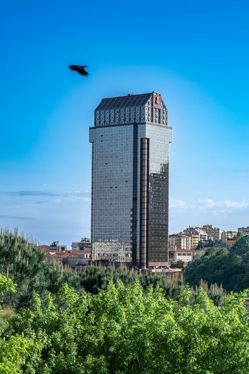 Free A tall, modern skyscraper standing amidst lush greenery in Istanbul under a clear blue sky with a bird in flight. Stock Photo