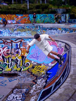 A skater performs tricks in a vibrant graffiti-covered skatepark in Mexico City.