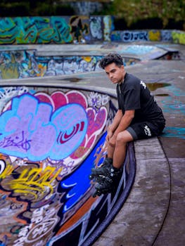 A young man wearing rollerblades sits on the edge of a vibrant graffiti-covered skate park.