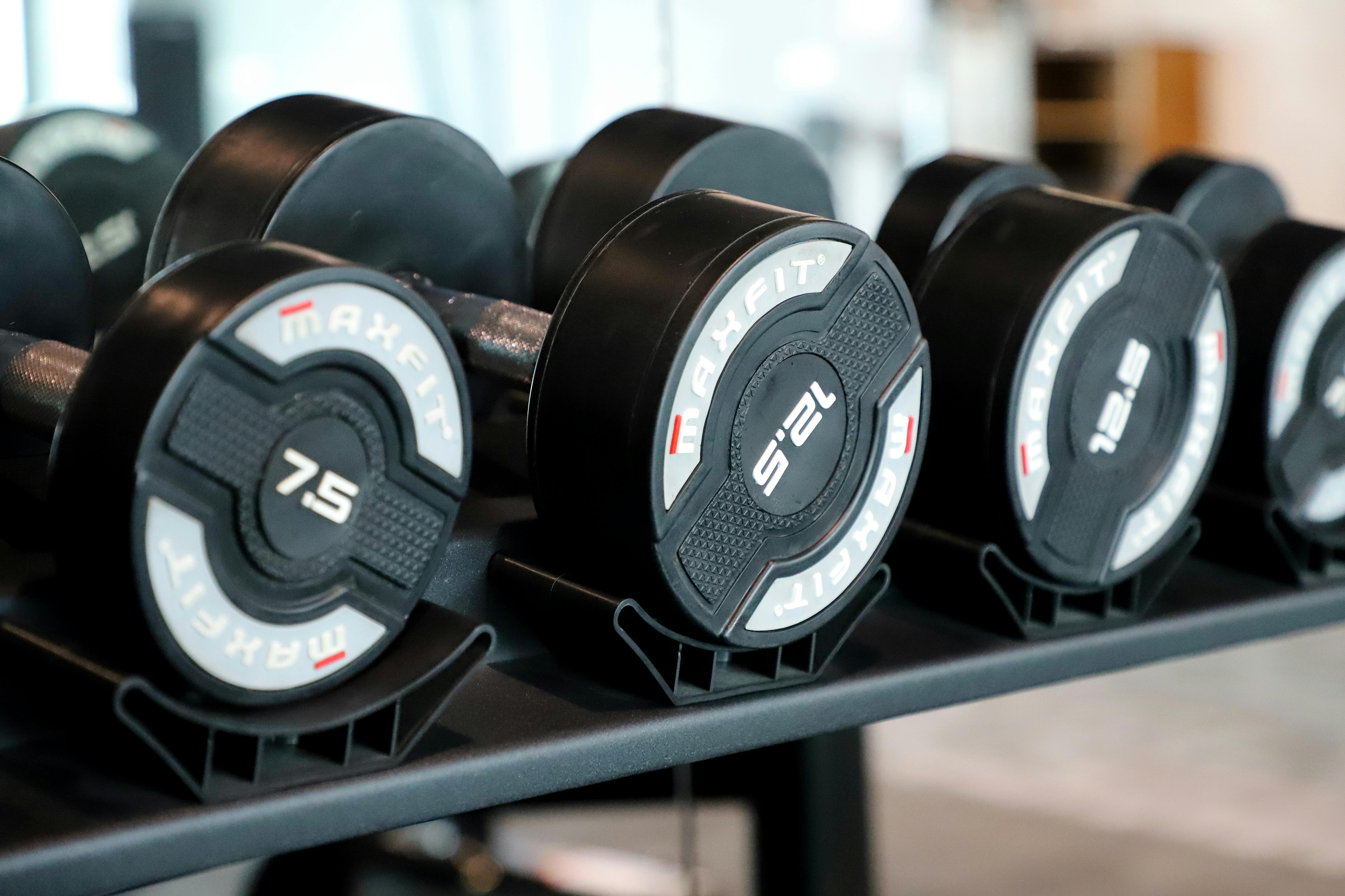 Free High-quality image of various dumbbells neatly arranged on a rack in a contemporary gym setting. Stock Photo