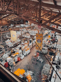 Explore Bangkok's vibrant flower market from above, showcasing bustling stalls and vivid floral displays.