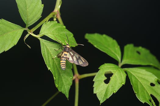 Detailed image of a tiger moth resting on vibrant green leaves, showcasing nature's beauty.