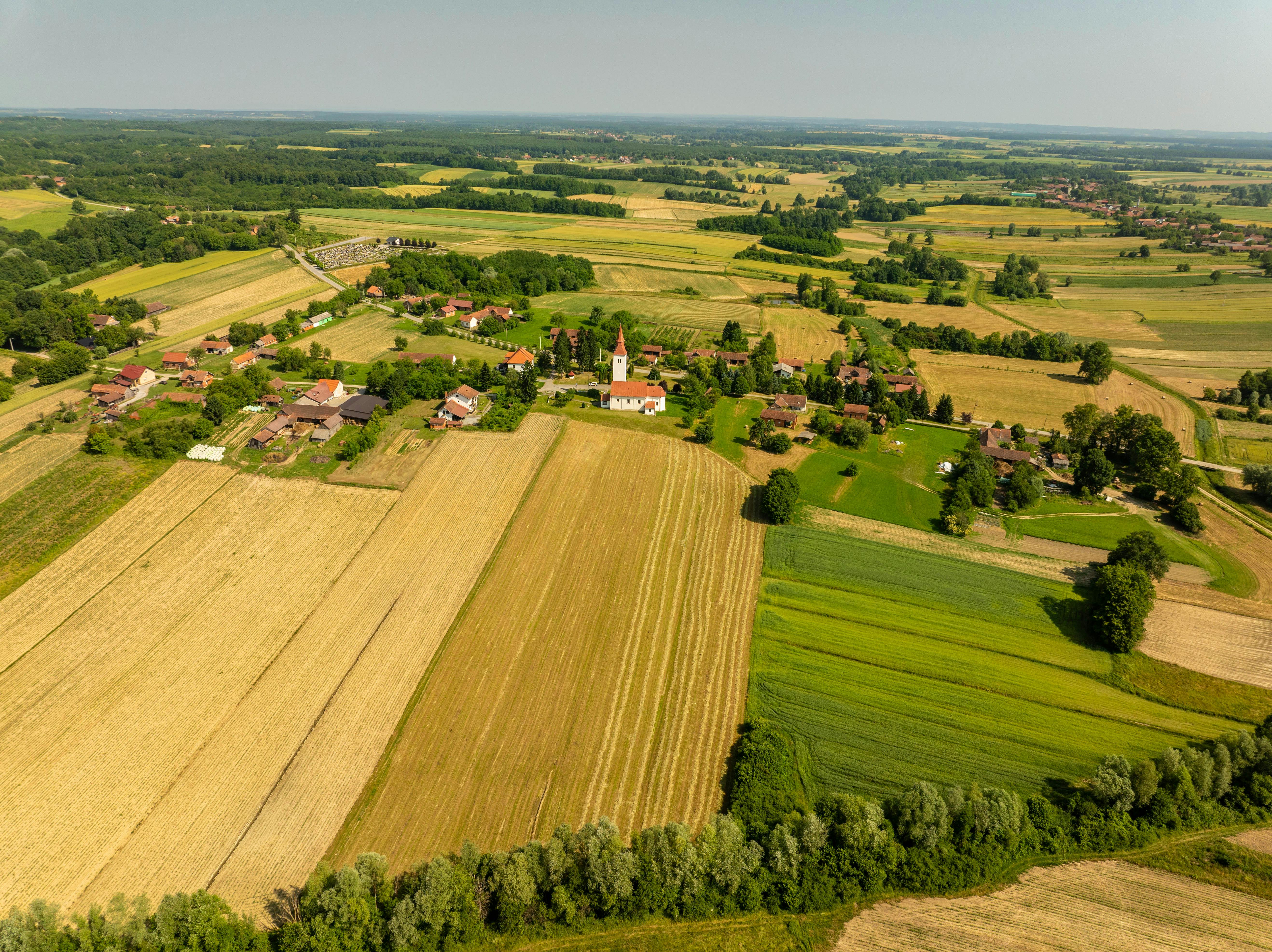 Explore the picturesque landscape of Velika Trnovitica from above, featuring lush farmlands and rural beauty.