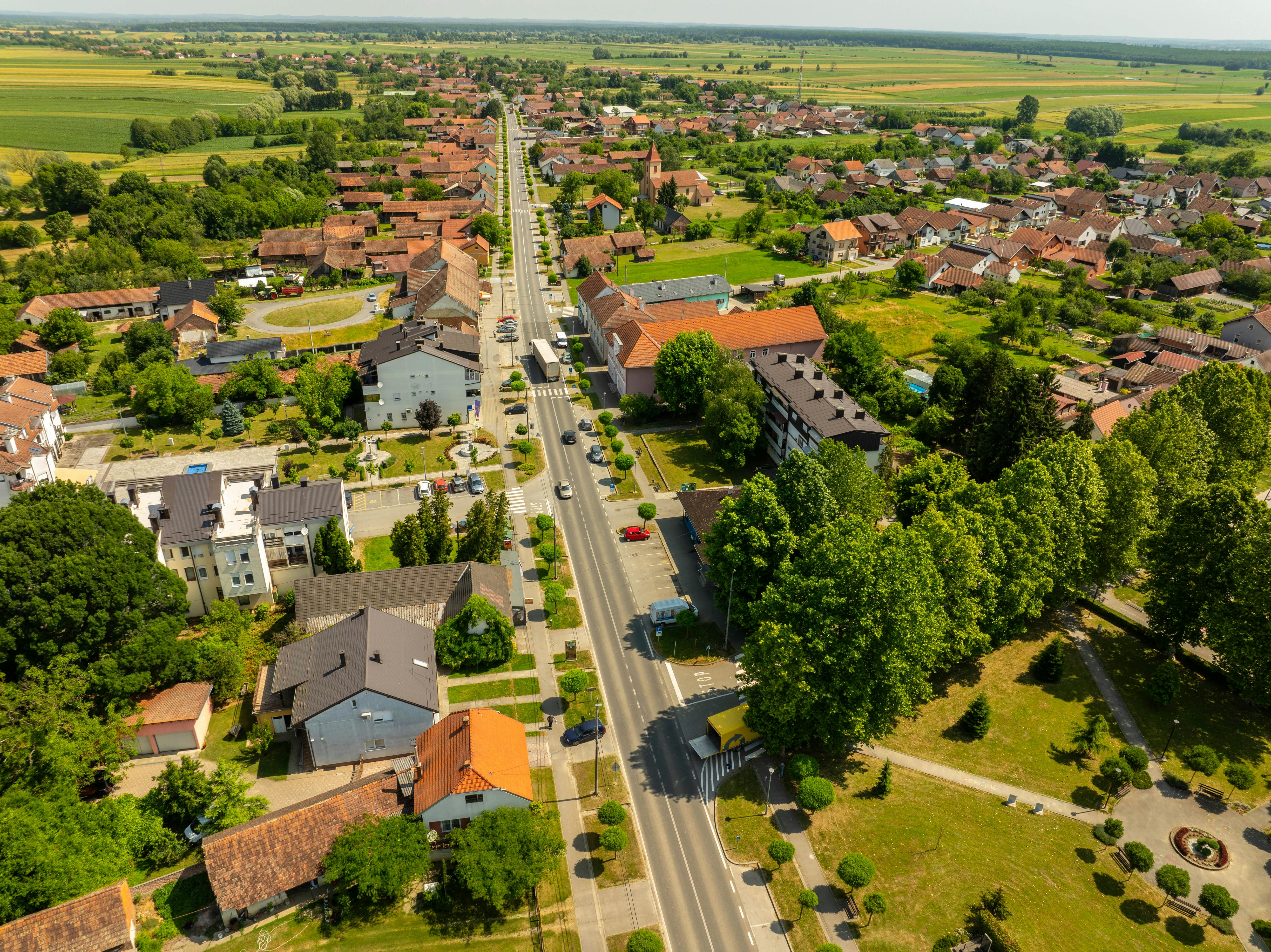 Aerial view of the picturesque town of Hercegovac, Croatia, on a sunny day.