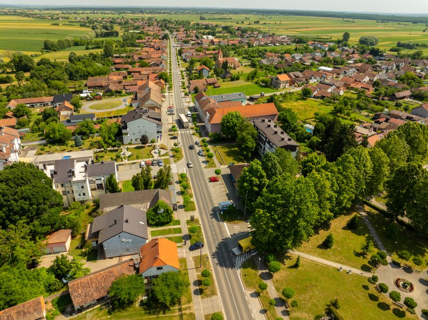 Aerial view of the picturesque town of Hercegovac, Croatia, on a sunny day.