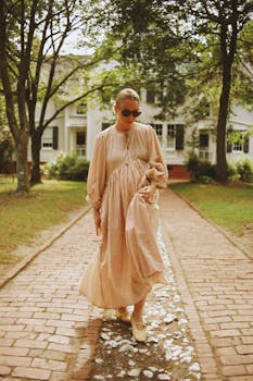 Woman in flowing dress walking down a brick pathway, embracing summer charm.