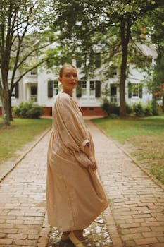 Woman in a flowing striped dress walking on a brick pathway near a traditional house.