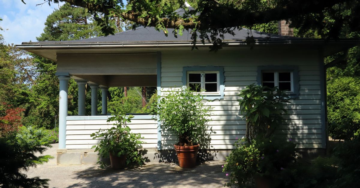 Kleines Sommerhaus zwischen üppigen grünen Pflanzen, von Sonnenlicht und Schatten umgeben