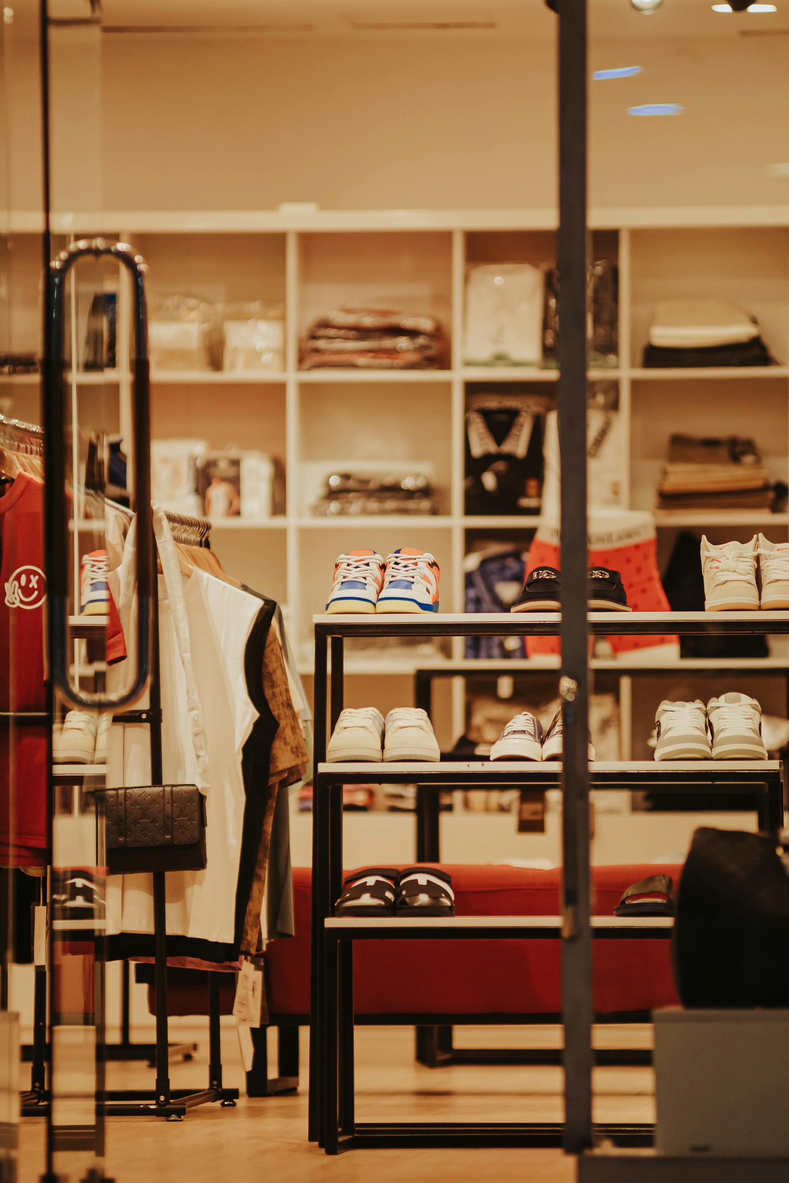 Interior of a fashionable boutique showcasing clothing, shoes, and accessories neatly arranged on shelves.