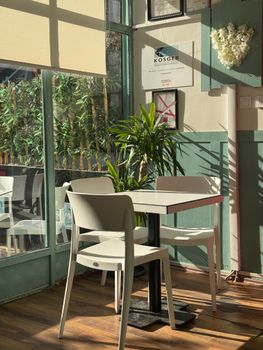 A sunlit cafe corner with modern decor, featuring white chairs and a potted plant.