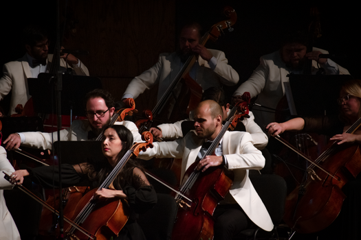 Musicians perform a symphonic concert with cellos and basses in Saltillo, Mexico.