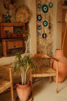 A warm, vintage-style interior with rustic decorations, wooden furniture, and a vibrant potted plant.