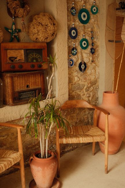 A warm, vintage-style interior with rustic decorations, wooden furniture, and a vibrant potted plant.