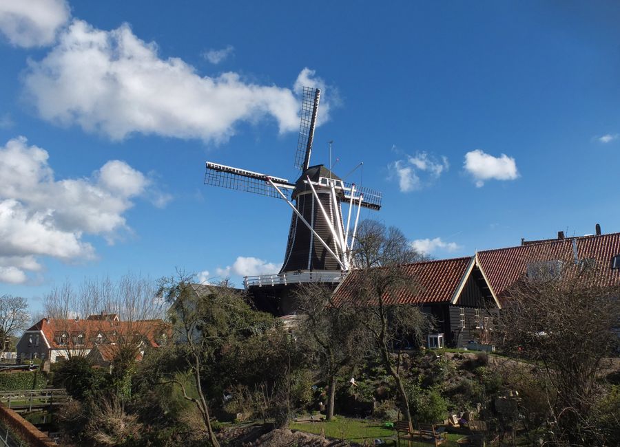 A scenic view of a traditional windmill in Hattem, Gelderland on a sunny day.