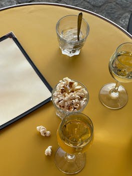 A charming outdoor café setup featuring wine glasses and popcorn, perfect for a casual day out.