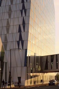 Sunset light on a geometric modern building in Copenhagen, Denmark, showcasing minimalistic architecture.