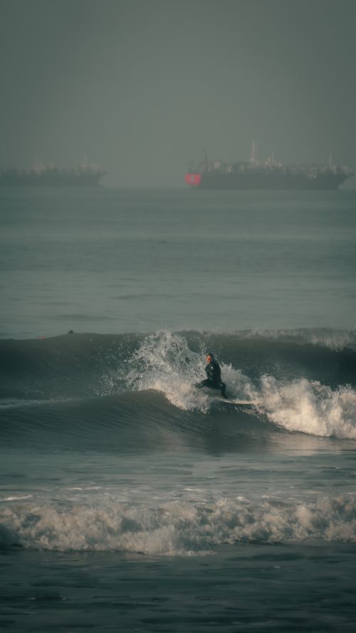 Free A lone surfer catches a wave amidst the evening mist in Mar del Plata, Argentina. Stock Photo