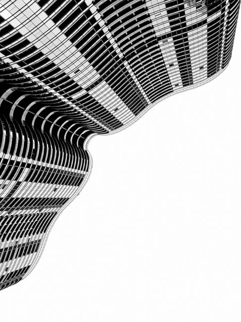 Striking abstract image of curved architectural facade in black and white.