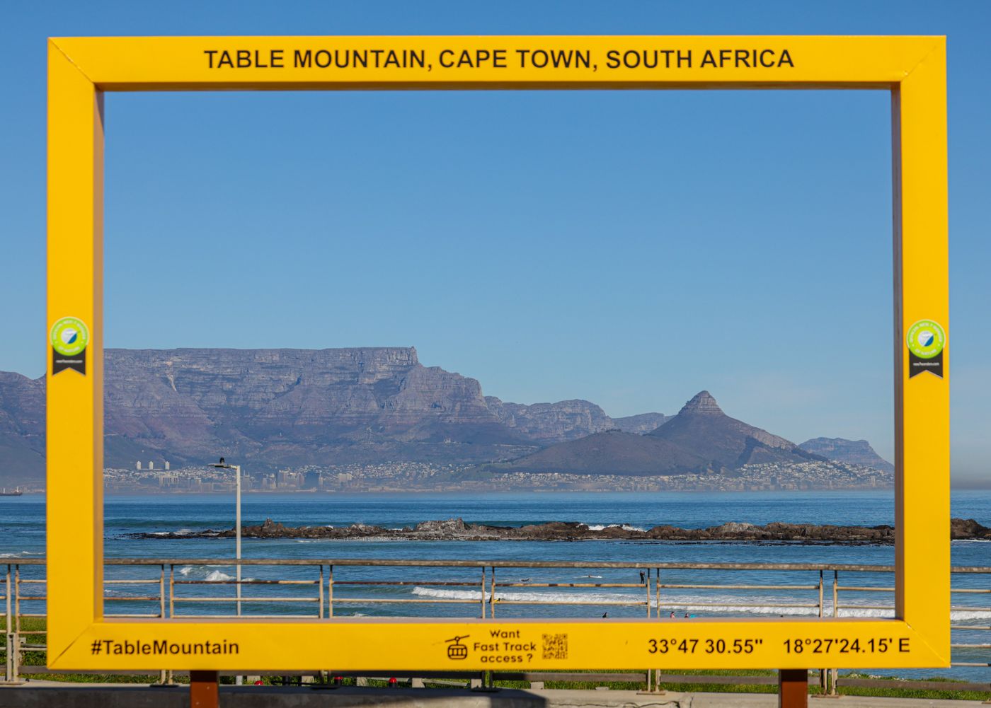 View of Table Mountain and the Atlantic coastline at Cape Town, South Africa, under a clear sky