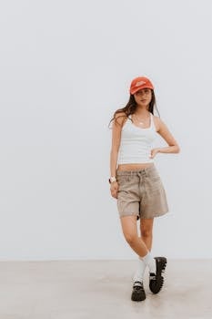 Young woman in casual attire poses stylishly indoors against white wall.