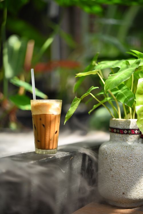 Free A glass of iced coffee on a table beside a plant, outdoors with natural lighting. Stock Photo