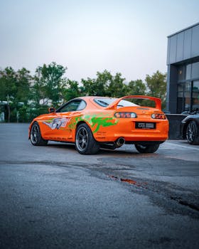 Dynamic photo of a vibrant orange Toyota Supra parked outdoors with distinctive decals in Türkiye.