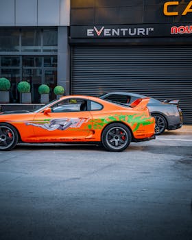 Eye-catching orange sports car with custom graphics parked in Ankara, Türkiye.