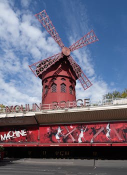 Image of the famous red windmill at Moulin Rouge in Paris, set against a clear blue sky.