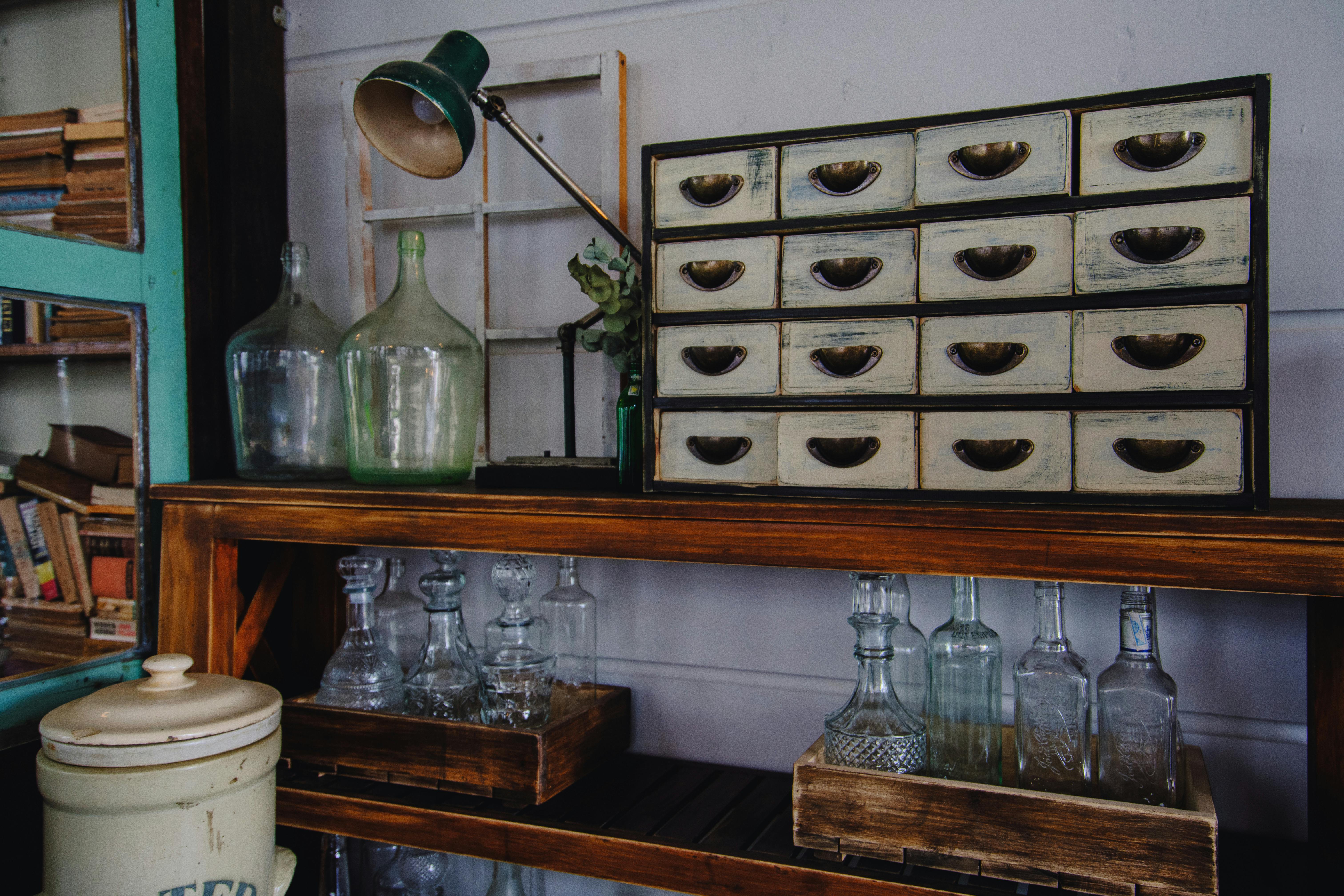 Rustic wooden decorative cabinets and elegant storage units in modern living room