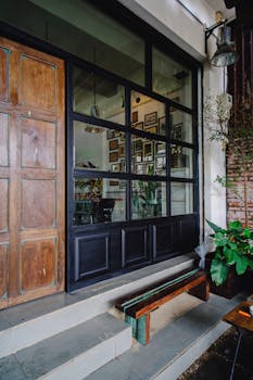 Charming coffee shop entrance with wooden door and lush plants, inviting atmosphere.