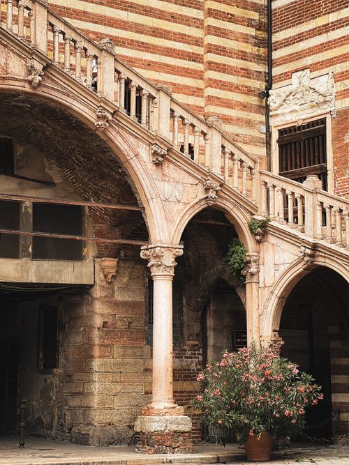 Free Intricate stone staircase with lush plant in historic Venetian architecture. Stock Photo