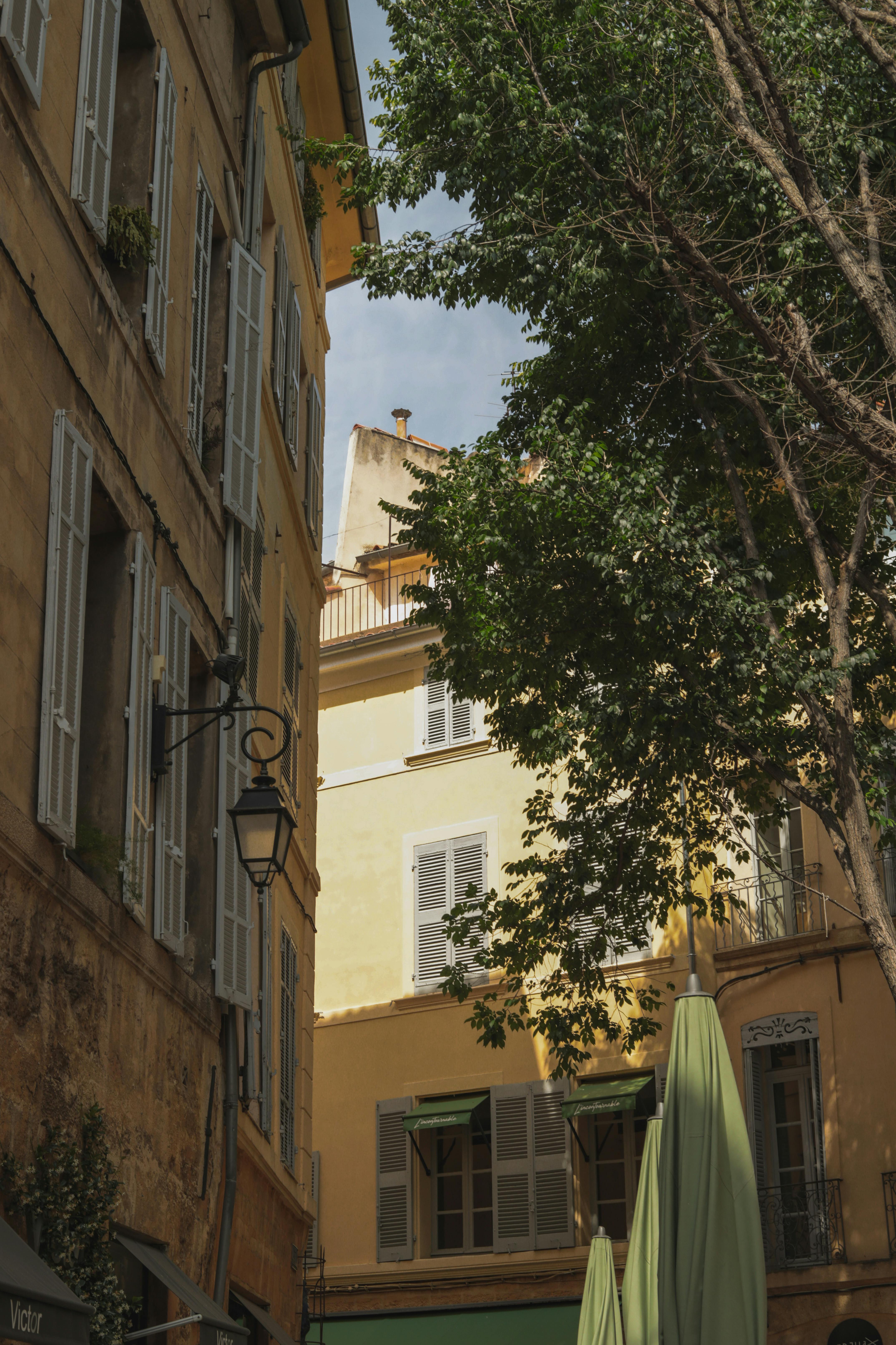 Sunlit European buildings with shutters, trees, and a classic street lamp create a serene atmosphere.