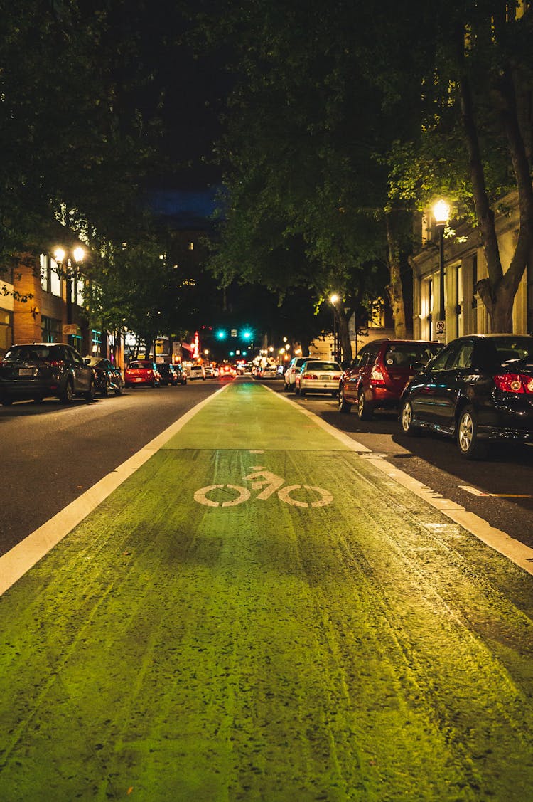 Green Bicycle Lane At Night