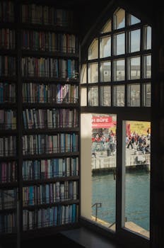 Library interior with window view of bustling Istanbul waterfront on a sunny day.