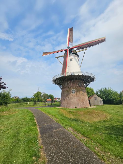 Free Beautiful Dutch windmill in lush countryside on a bright day. Stock Photo