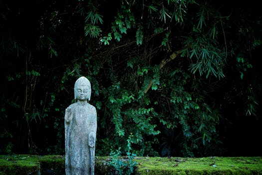 Peaceful Buddha statue set against a vibrant green backdrop, evoking tranquility.