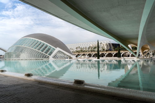 Free Stunning perspective of Valencia's City of Arts, highlighting its futuristic architecture and reflective waters. Stock Photo