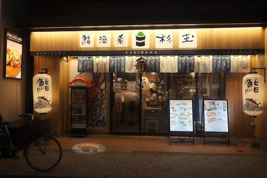 Exterior shot of Sugidama Japanese restaurant with illuminated signs and lanterns at night.
