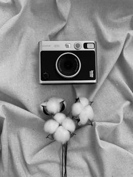 Black and white image of a camera on fabric with cotton flowers, artistic setup.