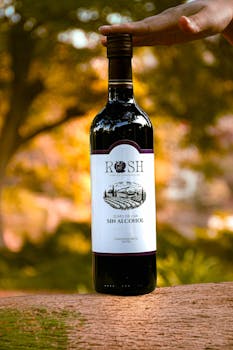 Bottle of ROSH non-alcoholic wine held outdoors with blurred background.