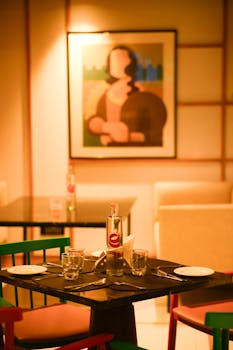 A cozy restaurant table setup with vibrant chairs and artistic wall decor in a dimly lit ambiance.